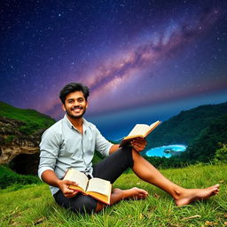 A masculine Indonesian man sitting on a grassy field, holding an open book in one hand