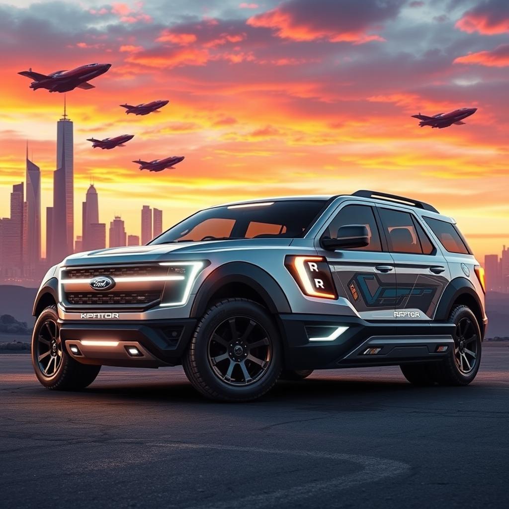 A futuristic Ford Expedition Raptor R concept car designed for the year 2050, featuring a sleek and aerodynamic profile, with sharp angles and a low stance