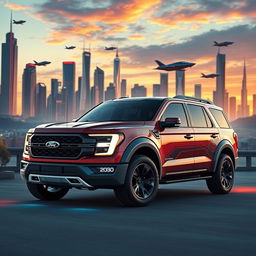 A futuristic Ford Expedition Raptor R concept car designed for the year 2050, featuring a sleek and aerodynamic profile, with sharp angles and a low stance