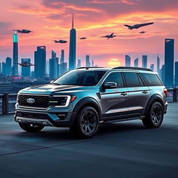 A futuristic Ford Expedition Raptor R concept car designed for the year 2050, featuring a sleek and aerodynamic profile, with sharp angles and a low stance