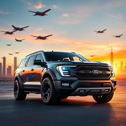 A futuristic Ford Expedition Raptor R concept car designed for the year 2050, featuring a sleek and aerodynamic profile, with sharp angles and a low stance