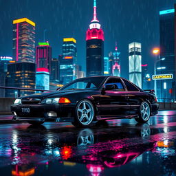 A stunning night cityscape in the background featuring a majestic skyline illuminated by colorful lights