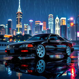 A stunning night cityscape in the background featuring a majestic skyline illuminated by colorful lights