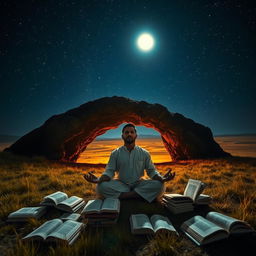 Under a starry night sky, a masculine Indonesian man meditates peacefully in front of a cave