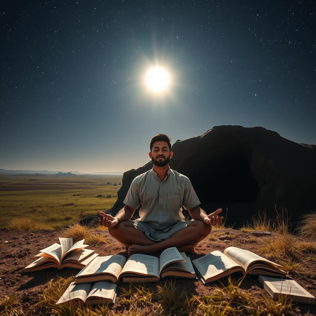 Under a starry night sky, a masculine Indonesian man meditates peacefully in front of a cave