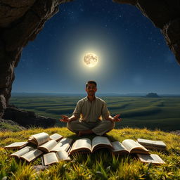 Under a starry night sky, a masculine Indonesian man meditates peacefully in front of a cave