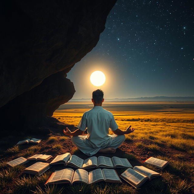 Under a starry night sky, a masculine Indonesian man meditates peacefully in front of a cave