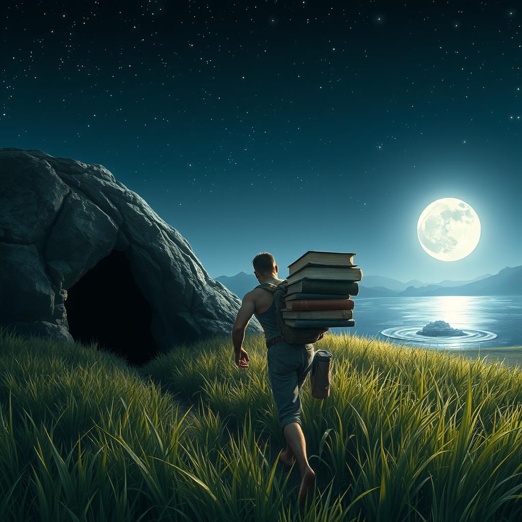 A strong masculine figure walking through a lush field of grass at night, carrying a stack of assorted books toward a mysterious cave entrance