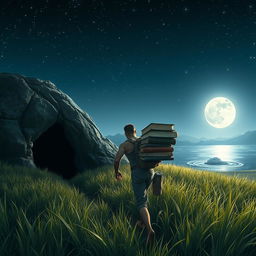 A strong masculine figure walking through a lush field of grass at night, carrying a stack of assorted books toward a mysterious cave entrance