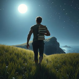 A strong masculine figure walking through a lush field of grass at night, carrying a stack of assorted books toward a mysterious cave entrance