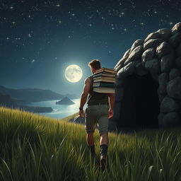 A strong masculine figure walking through a lush field of grass at night, carrying a stack of assorted books toward a mysterious cave entrance