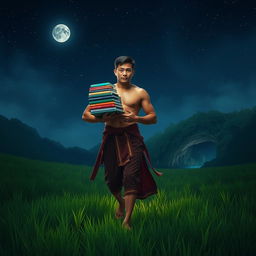 A masculine Indonesian figure with an athletic build, wearing traditional clothing, walks confidently through a lush green field of grass at night, carrying a stack of colorful books in his arms