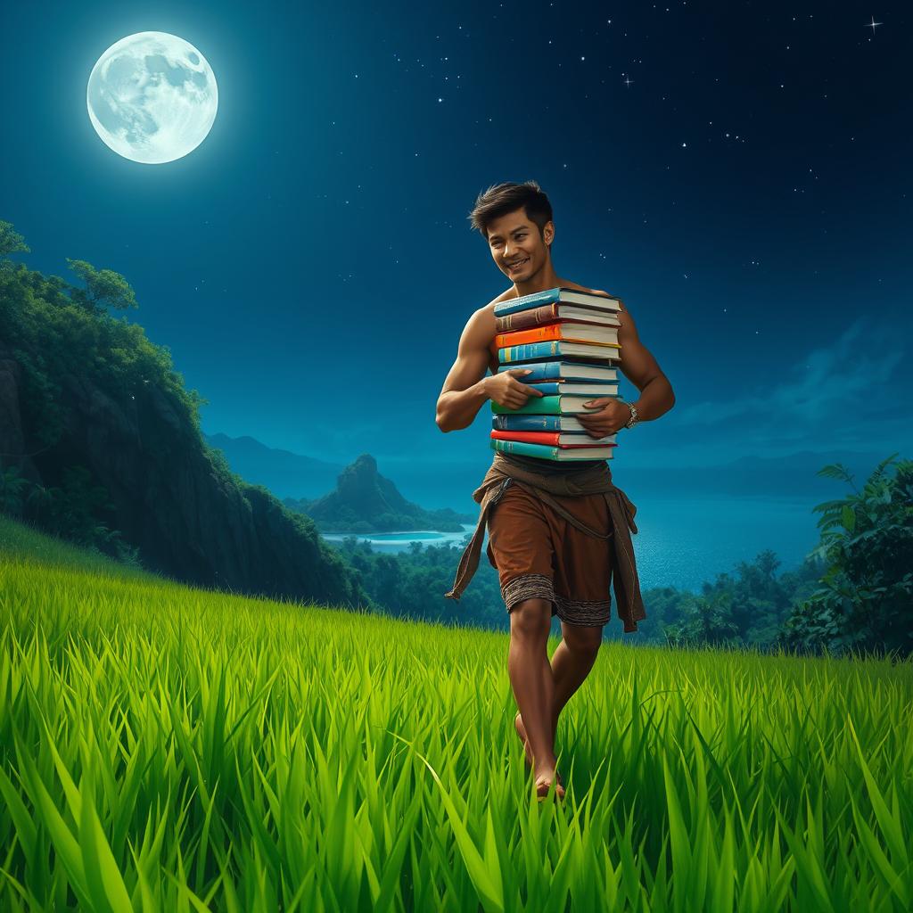 A masculine Indonesian figure with an athletic build, wearing traditional clothing, walks confidently through a lush green field of grass at night, carrying a stack of colorful books in his arms