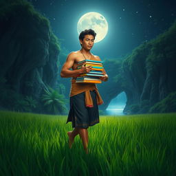 A masculine Indonesian figure with an athletic build, wearing traditional clothing, walks confidently through a lush green field of grass at night, carrying a stack of colorful books in his arms