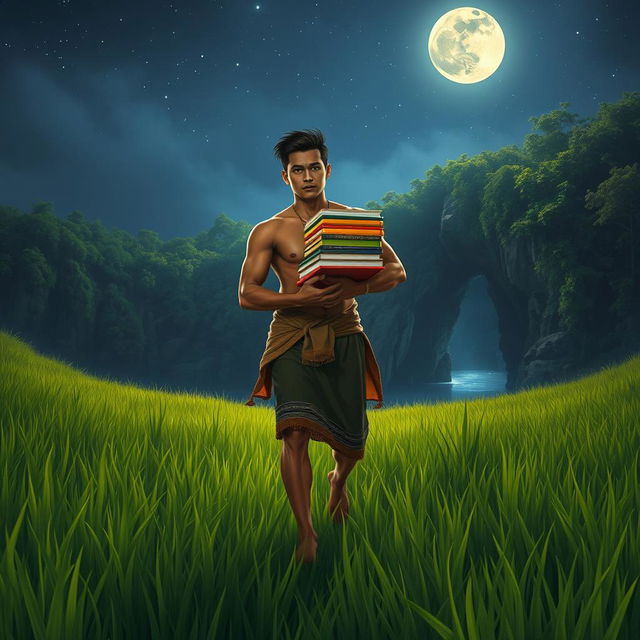 A masculine Indonesian figure with an athletic build, wearing traditional clothing, walks confidently through a lush green field of grass at night, carrying a stack of colorful books in his arms