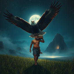 A muscular Indonesian man with strong features walks through a lush field of grass under a starlit night sky, carrying a stack of books