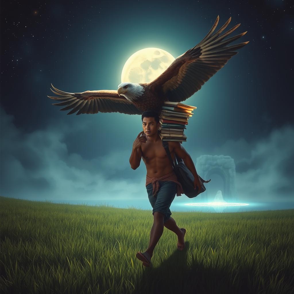 A muscular Indonesian man with strong features walks through a lush field of grass under a starlit night sky, carrying a stack of books