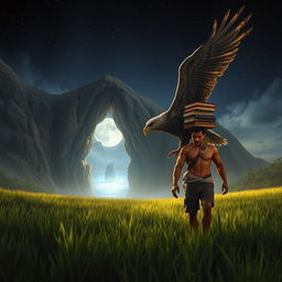 A muscular Indonesian man with strong features walks through a lush field of grass under a starlit night sky, carrying a stack of books