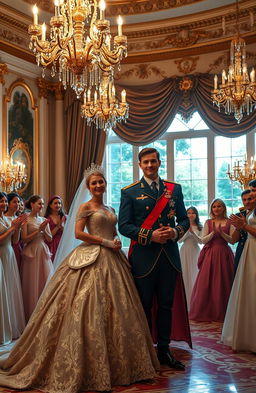 A charming scene depicting a fake princess married to a handsome prince, set in a lavish royal palace adorned with opulent decorations