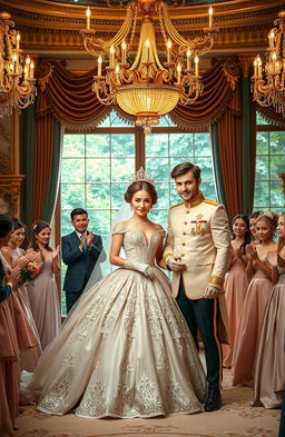 A charming scene depicting a fake princess married to a handsome prince, set in a lavish royal palace adorned with opulent decorations