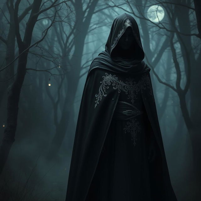 A mysterious character wearing a flowing black cloak that drapes elegantly around their figure, with a dark veil covering their face, concealing their identity