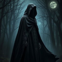 A mysterious character wearing a flowing black cloak that drapes elegantly around their figure, with a dark veil covering their face, concealing their identity