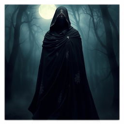 A mysterious character wearing a flowing black cloak that drapes elegantly around their figure, with a dark veil covering their face, concealing their identity