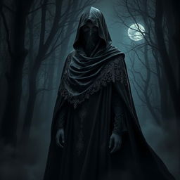A mysterious character wearing a flowing black cloak that drapes elegantly around their figure, with a dark veil covering their face, concealing their identity