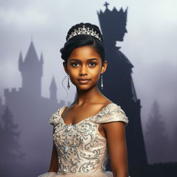 A captivating image of an orphan turned princess in the foreground, radiating beauty and grace in an elegant gown embellished with sparkling details