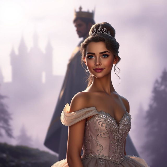 A captivating image of an orphan turned princess in the foreground, radiating beauty and grace in an elegant gown embellished with sparkling details