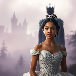 A captivating image of an orphan turned princess in the foreground, radiating beauty and grace in an elegant gown embellished with sparkling details