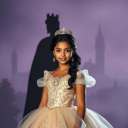 A captivating image of an orphan turned princess in the foreground, radiating beauty and grace in an elegant gown embellished with sparkling details