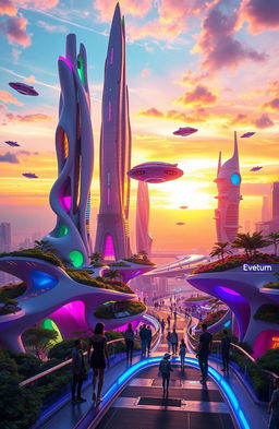 A vibrant and dynamic futuristic scene showcasing a blend of avant-garde architecture with organic shapes and bright neon colors