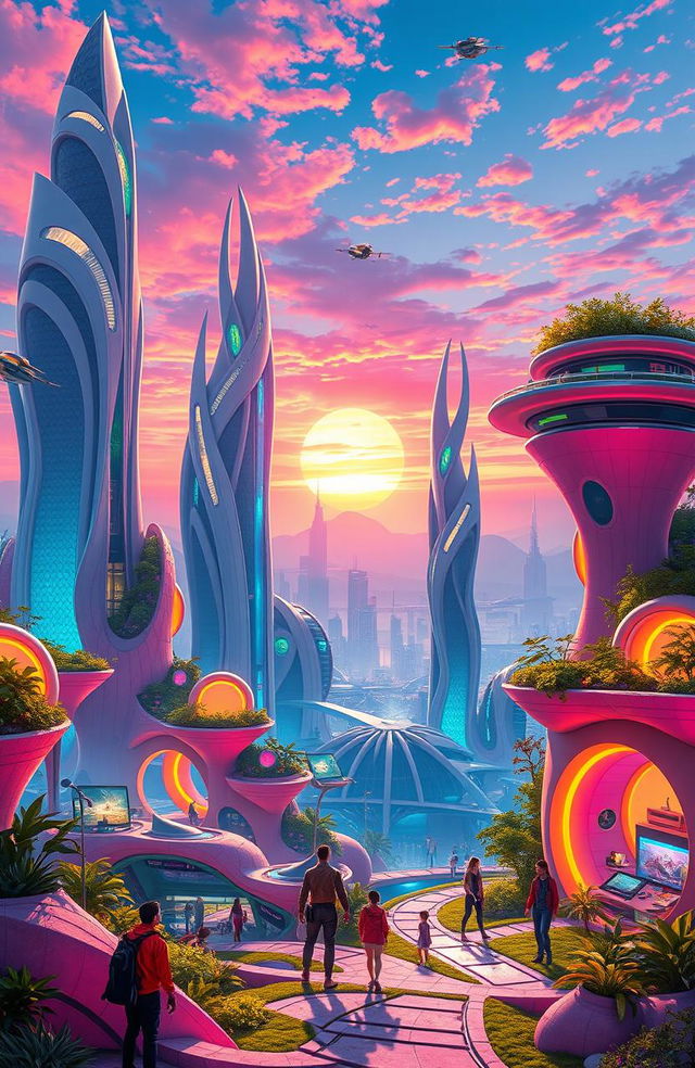 A vibrant and dynamic futuristic scene showcasing a blend of avant-garde architecture with organic shapes and bright neon colors