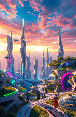 A vibrant and dynamic futuristic scene showcasing a blend of avant-garde architecture with organic shapes and bright neon colors