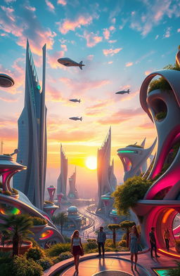 A vibrant and dynamic futuristic scene showcasing a blend of avant-garde architecture with organic shapes and bright neon colors