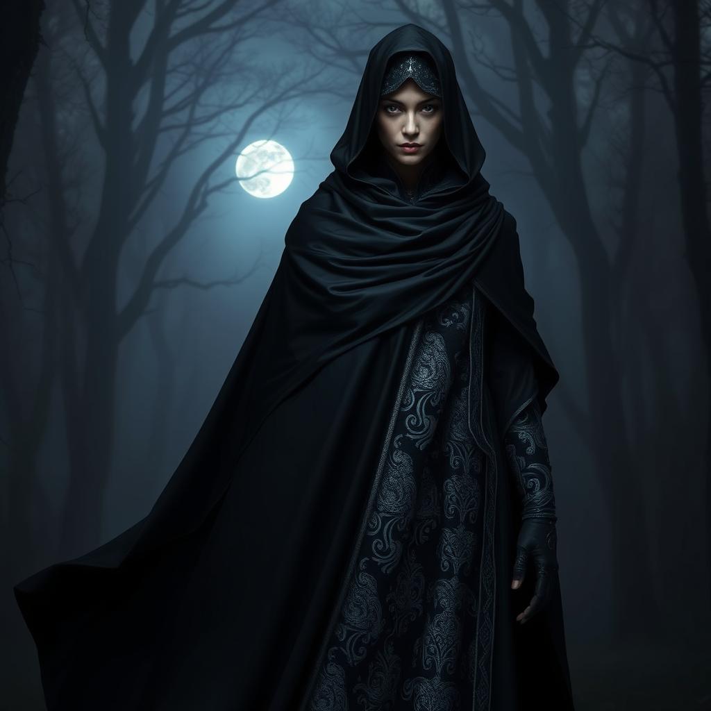 A mysterious character adorned in a flowing black cloak that cascades around them elegantly, complemented by a dark veil that obscures their facial features