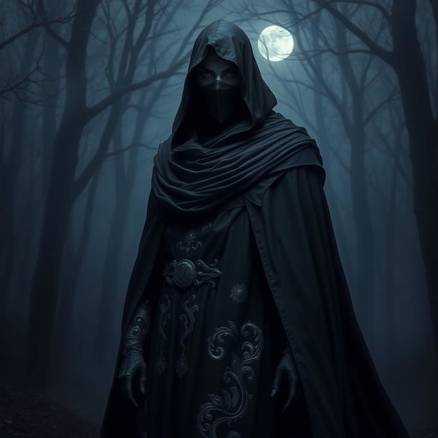 A mysterious character adorned in a flowing black cloak that cascades around them elegantly, complemented by a dark veil that obscures their facial features