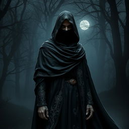 A mysterious character adorned in a flowing black cloak that cascades around them elegantly, complemented by a dark veil that obscures their facial features