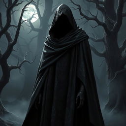 A shadowy character draped in a flowing black cloak that envelops their form, with a dark veil shrouding their face, obscuring their features completely