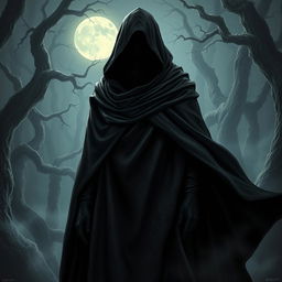 A shadowy character draped in a flowing black cloak that envelops their form, with a dark veil shrouding their face, obscuring their features completely