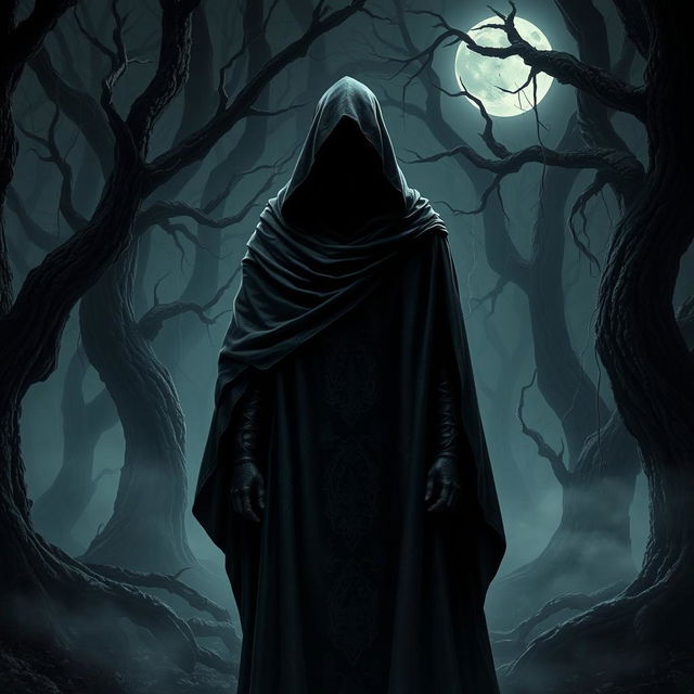 A shadowy character draped in a flowing black cloak that envelops their form, with a dark veil shrouding their face, obscuring their features completely