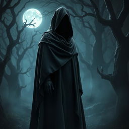 A shadowy character draped in a flowing black cloak that envelops their form, with a dark veil shrouding their face, obscuring their features completely