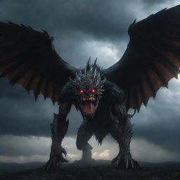 A terrifying monster with glowing eyes, jagged teeth, and enormous wings, wreathed in shadows and looming ominously against a thunderous sky.