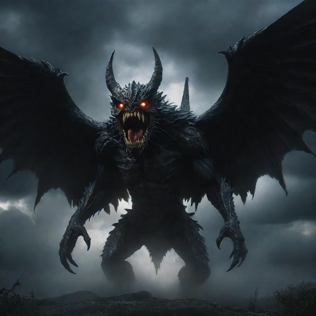 A terrifying monster with glowing eyes, jagged teeth, and enormous wings, wreathed in shadows and looming ominously against a thunderous sky.