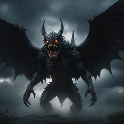 A terrifying monster with glowing eyes, jagged teeth, and enormous wings, wreathed in shadows and looming ominously against a thunderous sky.