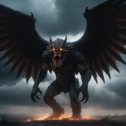 A terrifying monster with glowing eyes, jagged teeth, and enormous wings, wreathed in shadows and looming ominously against a thunderous sky.