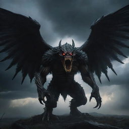 A terrifying monster with glowing eyes, jagged teeth, and enormous wings, wreathed in shadows and looming ominously against a thunderous sky.