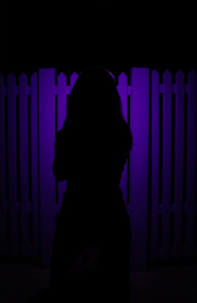 A woman seen from behind, standing in front of three purple fences