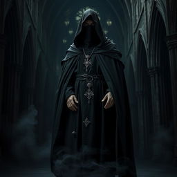 A dark cleric dressed in a flowing black cloak, with a mysterious veil covering their face